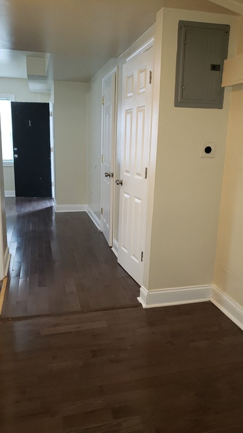 a view from the living room into the hallway with wood flooring and white doors
