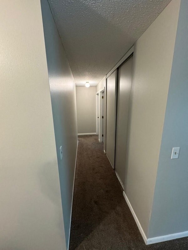 a hallway with a carpeted floor and sliding closet doors