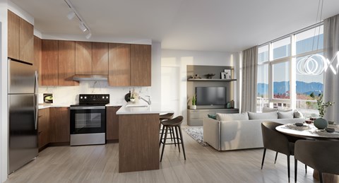 A modern kitchen with wooden cabinets and stainless steel appliances.
