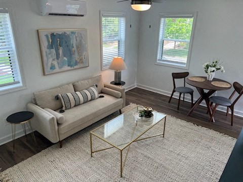 a living room with a couch and a coffee table