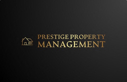 a logo for prestige property management on a black background