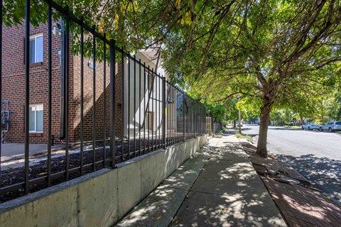 A tree-lined sidewalk with a metal fence and a brick building in the background.