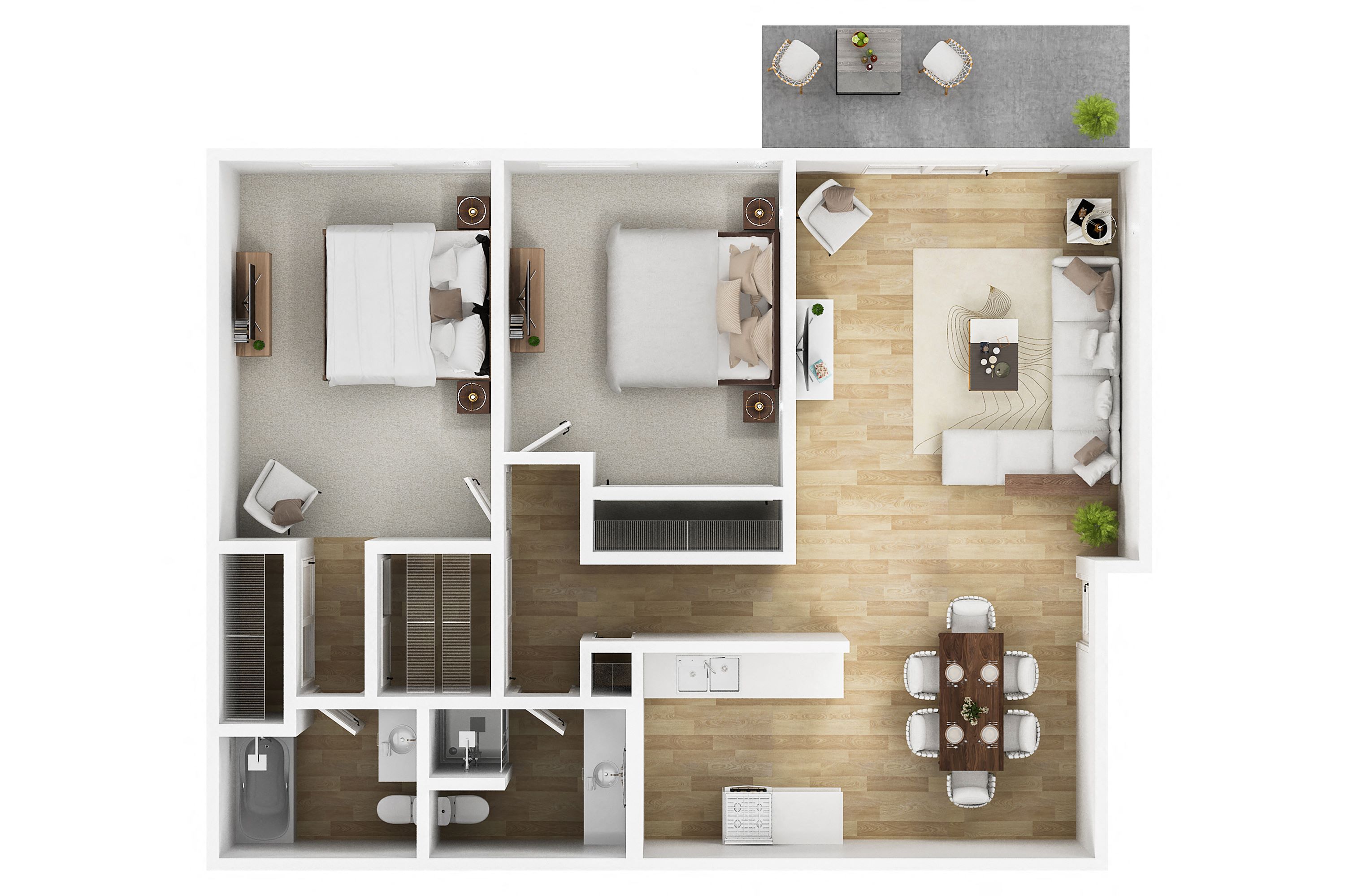 2 bedroom floor plan C at Willow Tree Apartments, Torrance, CA, 90505