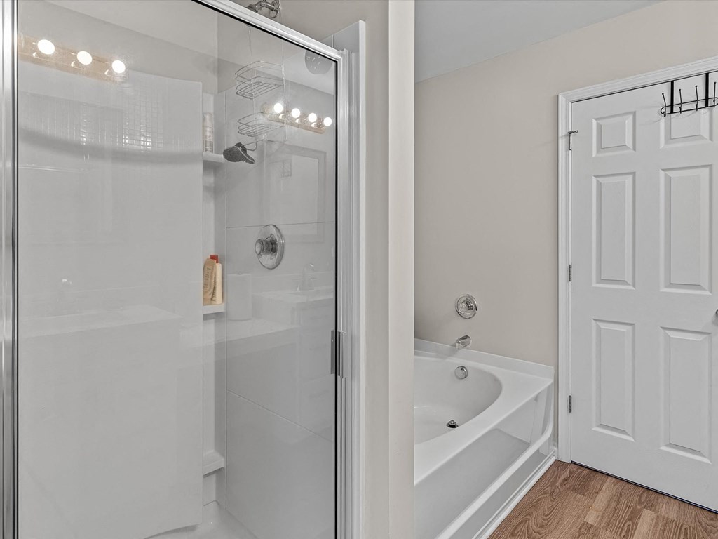 a bathroom with a shower and a tub and a door