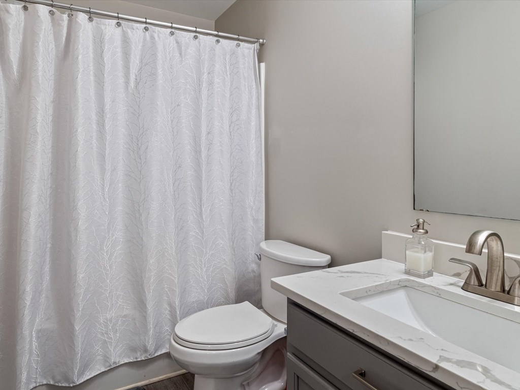 a bathroom with a white shower curtain and a toilet and sink