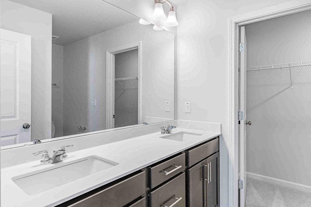 a bathroom with two sinks and a large mirror
