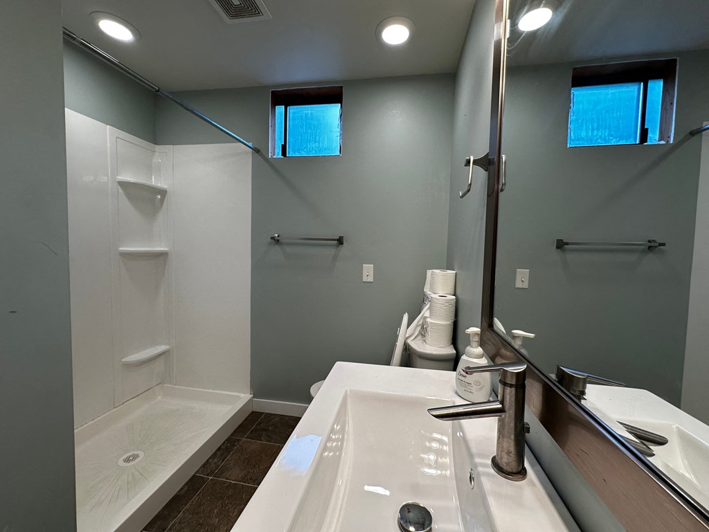 a bathroom with a sink and a shower and a toilet