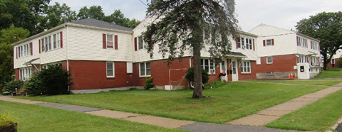 a row of houses on a street with a tree in the front