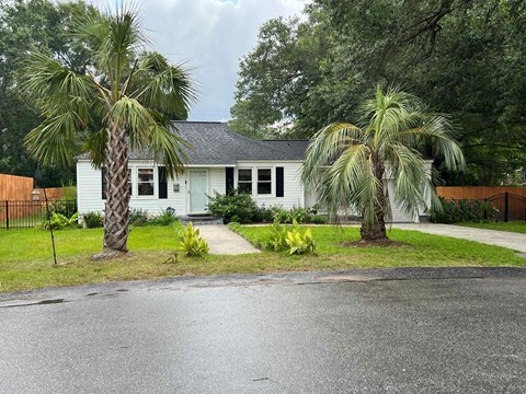 a house with two palm trees in front of it
