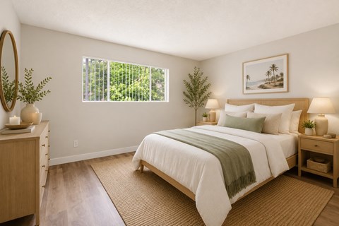 A bedroom with a large bed and a window with a view of greenery outside.