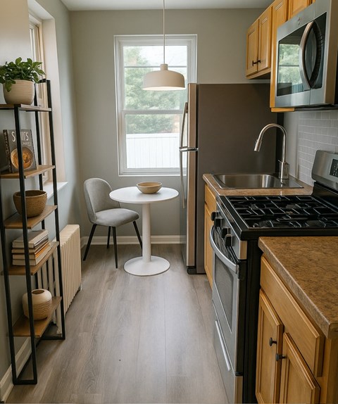 A small kitchen with a table and chairs.