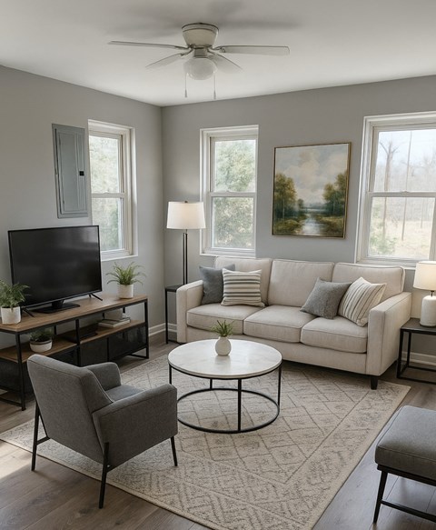 A living room with a grey chair, a white couch, a television, and a painting on the wall.