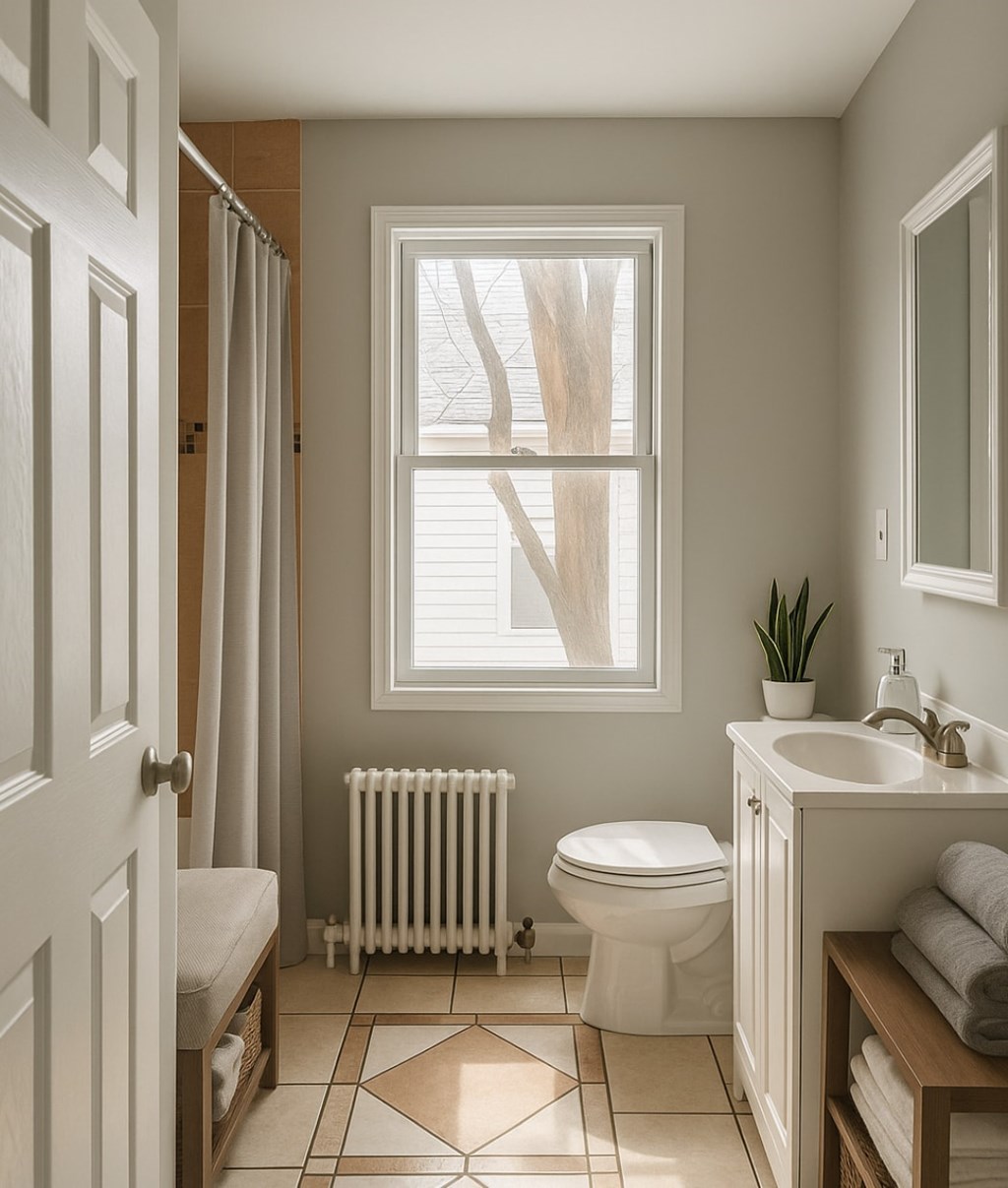 A bathroom with a toilet, sink, and window.