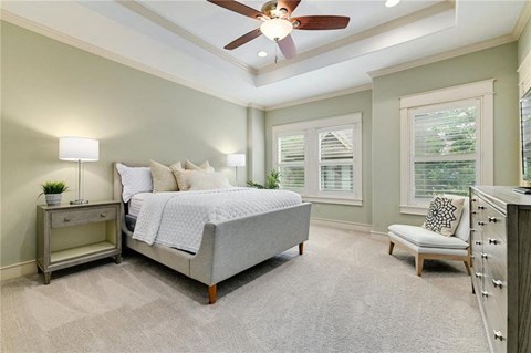 a bedroom with a bed and a ceiling fan