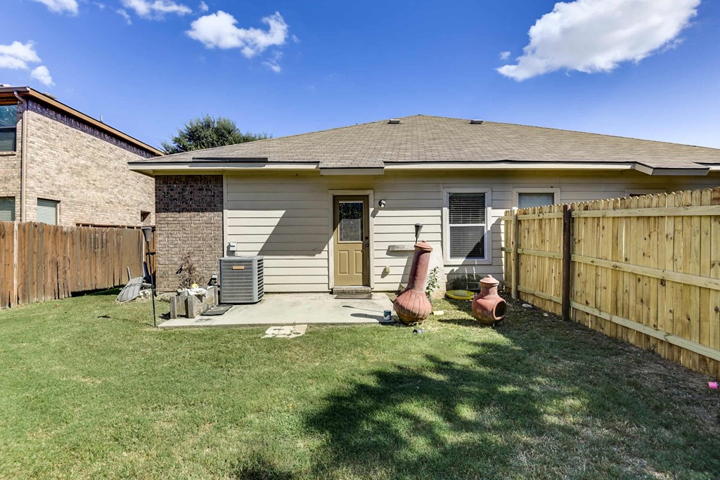 a backyard with two geese in front of a house