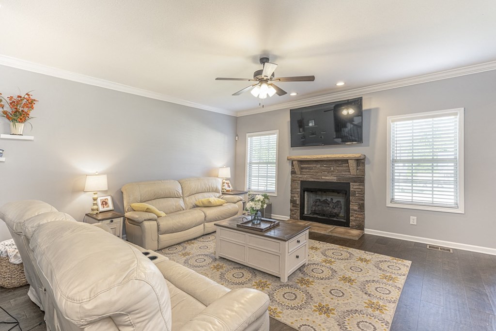 a living room with couches and a tv and a fireplace