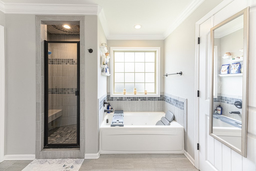 a bathroom with a tub and a shower and a window