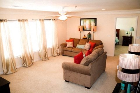 a living room with two couches and a table