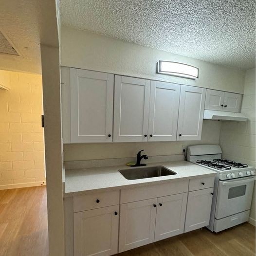 a kitchen with white cabinets and a stove and sink