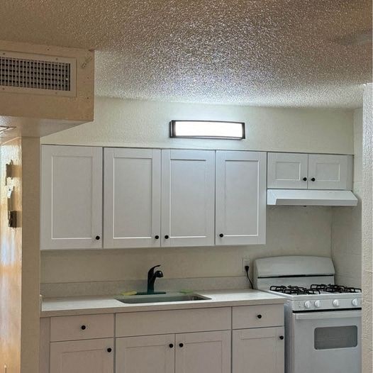 a kitchen with white cabinets and a stove and a sink