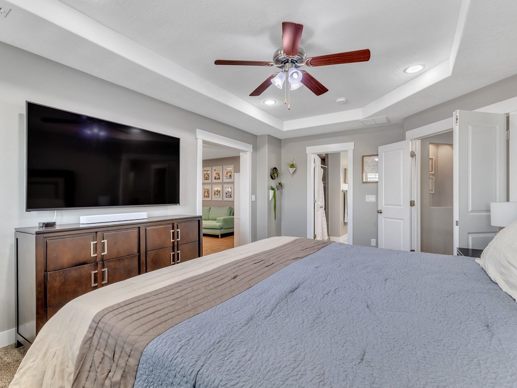 the master bedroom has a large tv and a large bed