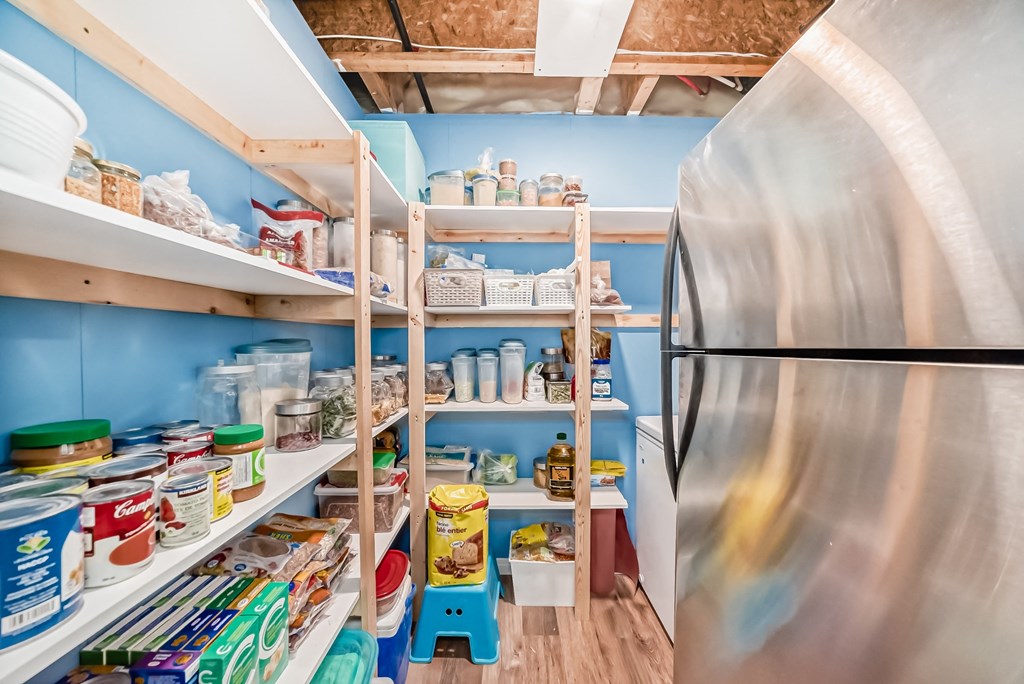 a pantry with a refrigerator and shelves with food