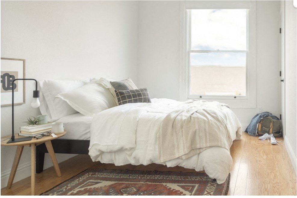a bedroom with a bed and a rug and a window
