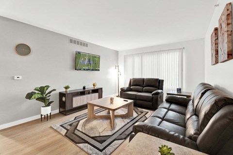 a living room with two couches and a coffee table