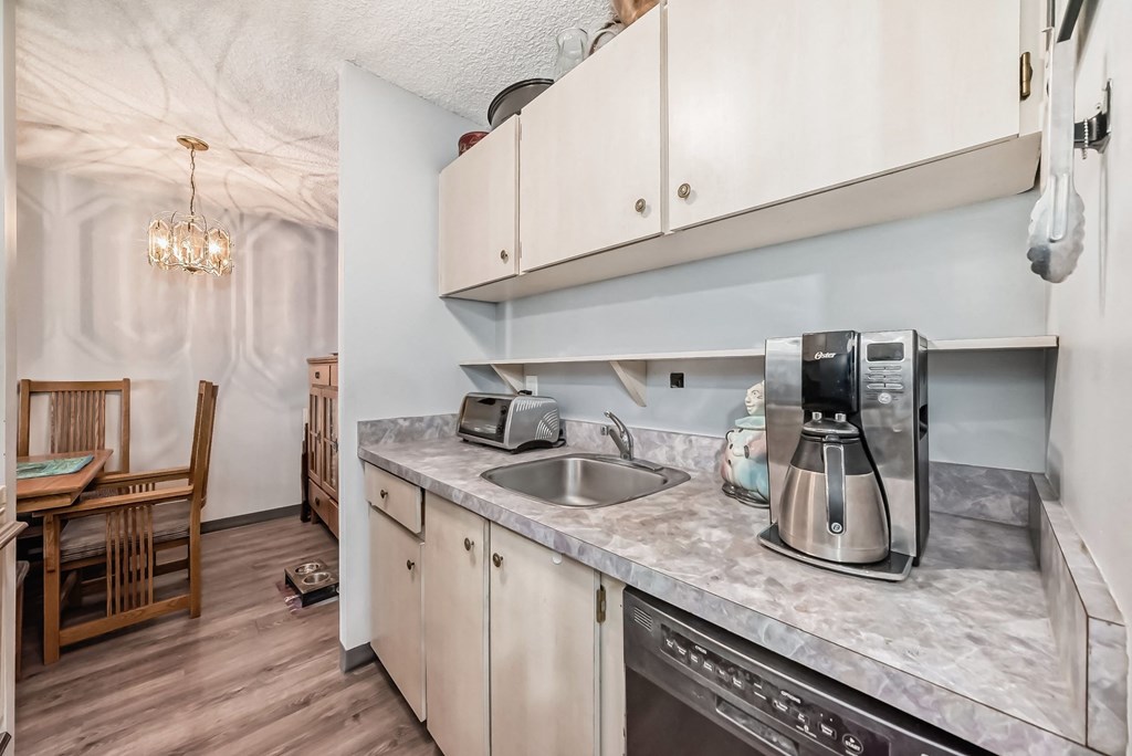 a kitchen with a sink and a coffee maker on the counter
