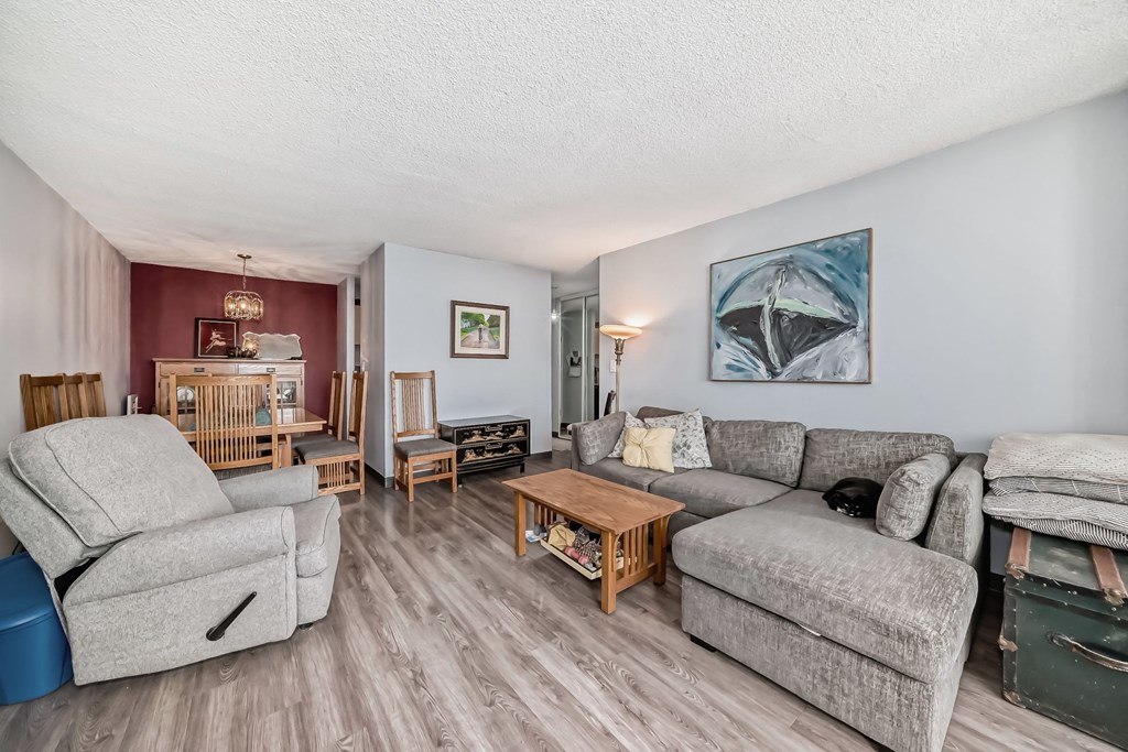 a living room and dining room with couches and a table