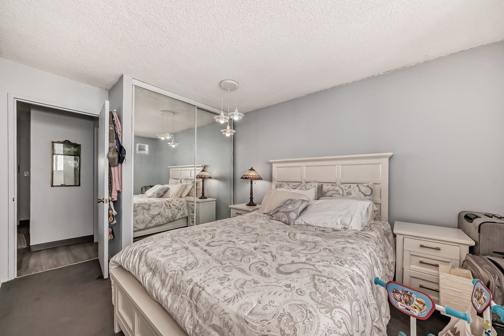 a bedroom with a bed and a closet