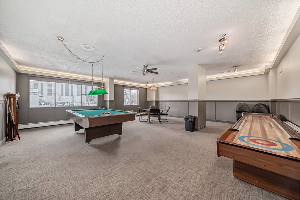 a game room with a billiard table and a pool table