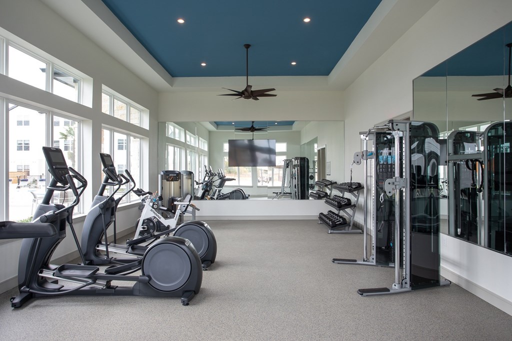 a gym with treadmills and other exercise equipment in a building with large windows