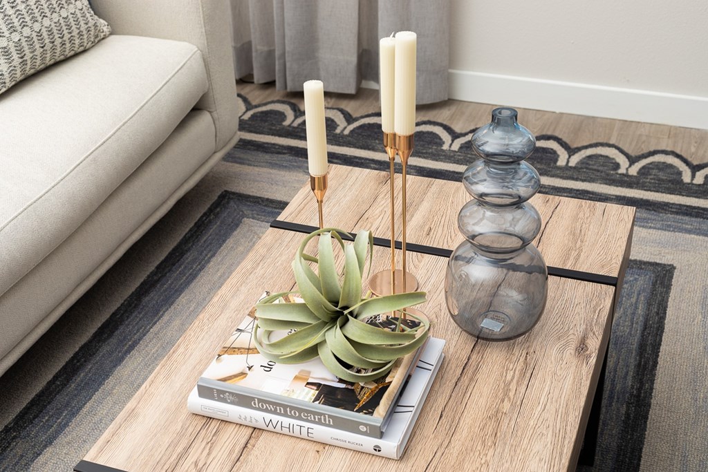 a coffee table with a plant and candles on it
