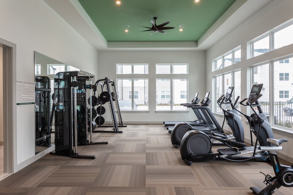 a gym with cardio equipment and large windows
