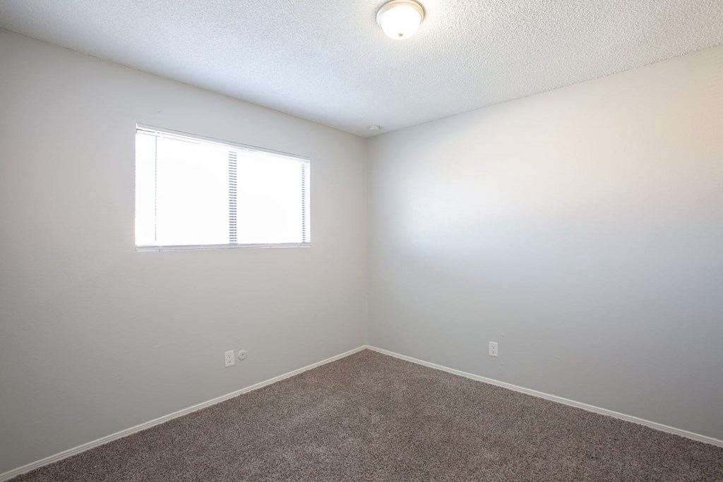 an empty room with a window and carpet