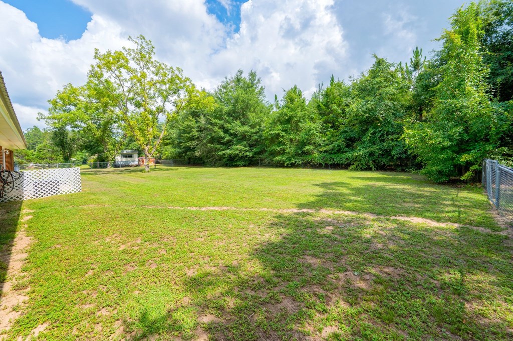 a backyard with a grass field and trees