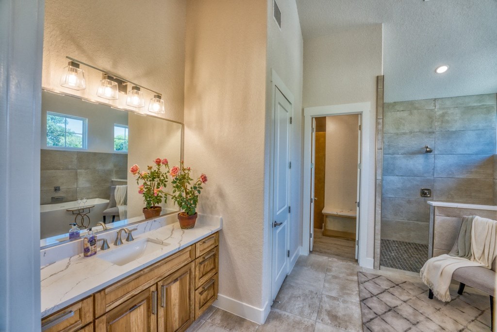 a bathroom with a sink and a shower and a mirror