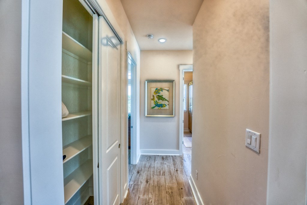 a walk in closet with shelves and a hallway with a door to a hallway hallway