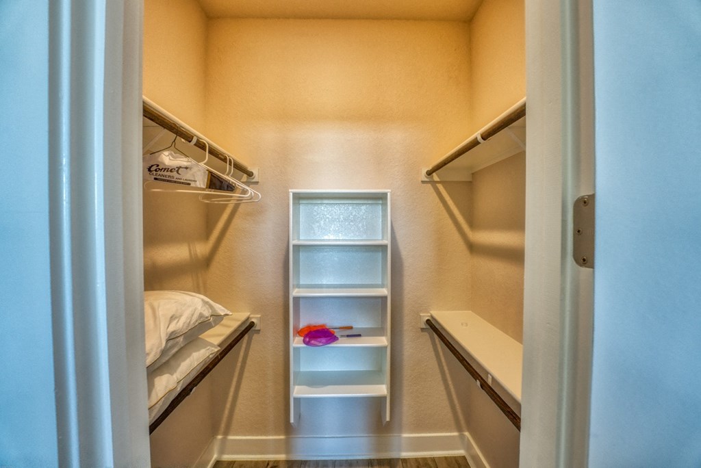 a walk in closet with shelves and a ladder