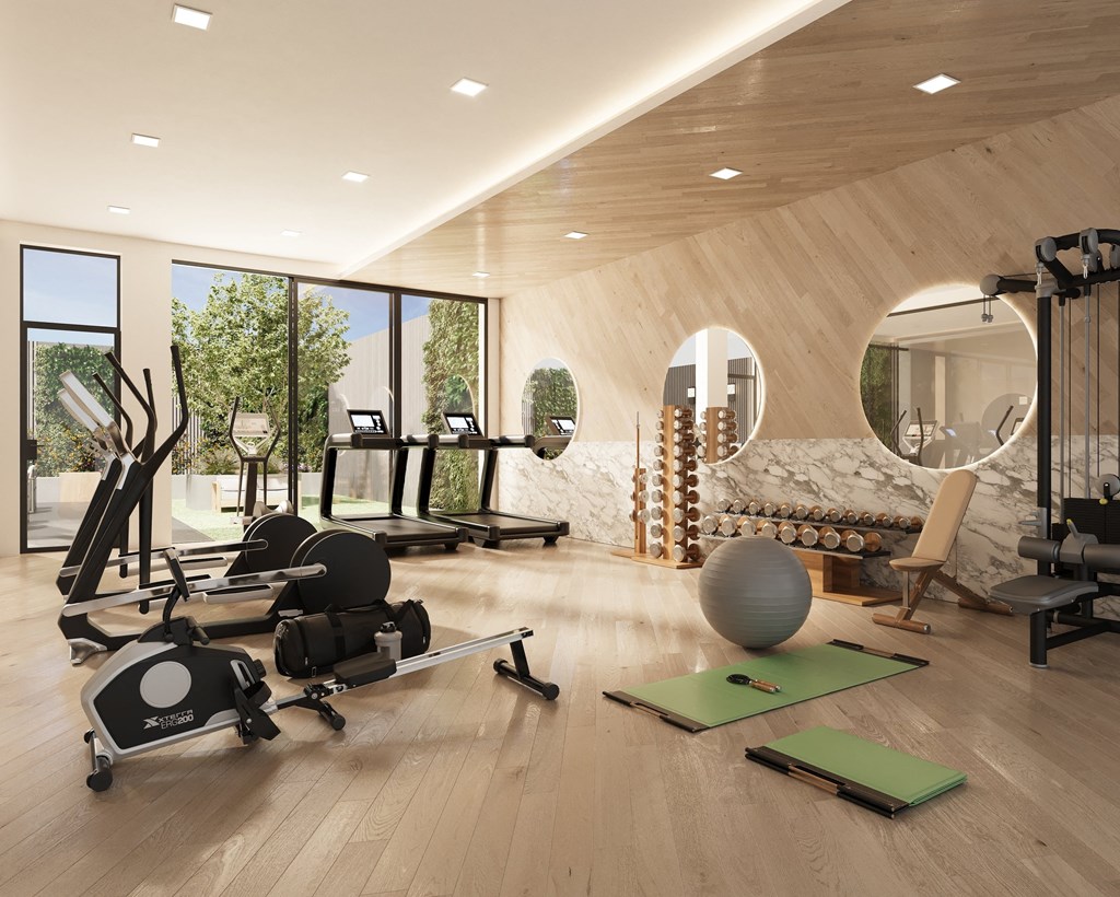 a gym with weights and exercise balls and a couch