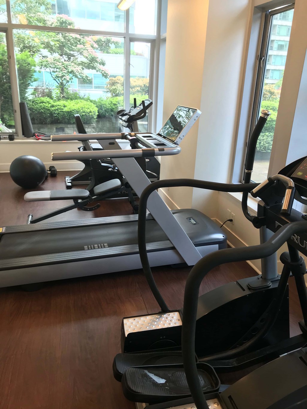 the treadmill and ellipticals in the gym are next to a window