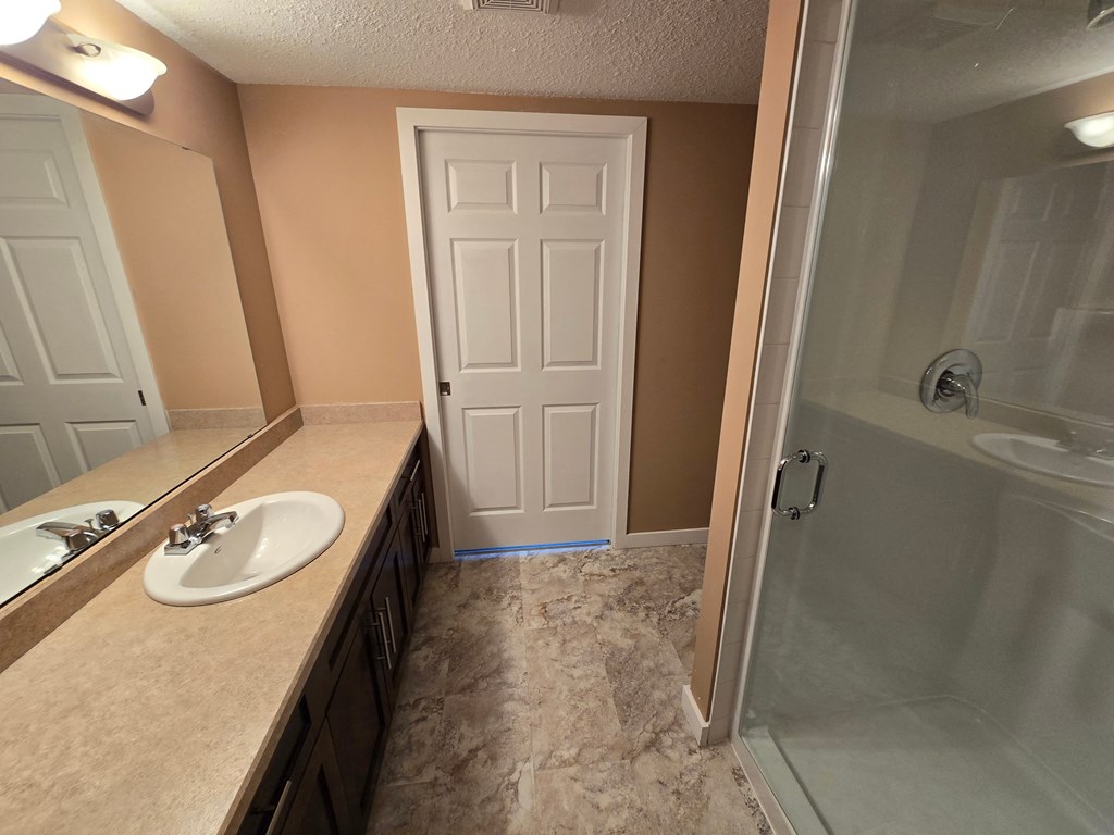 a bathroom with a shower and a sink and a mirror