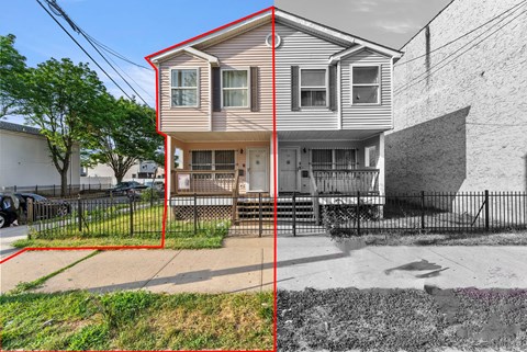 the front of a house with a red line around it