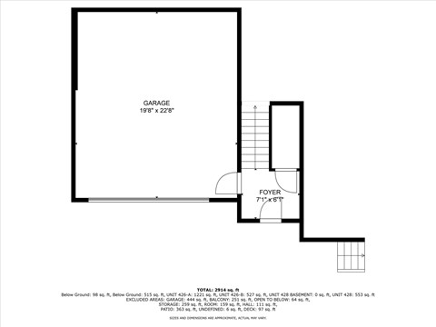 A floor plan of a garage and foyer with dimensions.