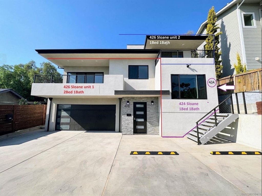 the front of a house with a driveway and a garage door