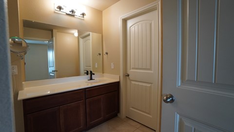 a bathroom with a sink and a mirror and a door