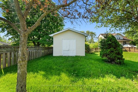 A small white shed sits in a grassy yard.