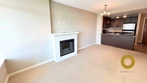 a living room with a fireplace and a kitchen