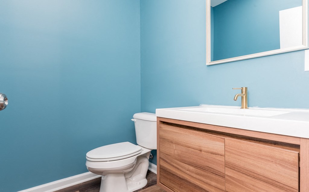a bathroom with blue walls and a toilet and sink